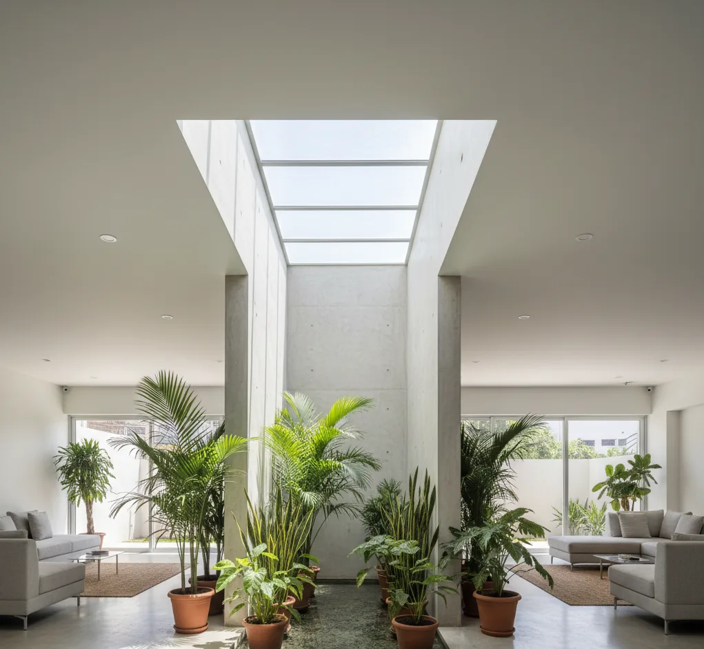 Bright interior with light-coloured walls and reflective floor surfaces